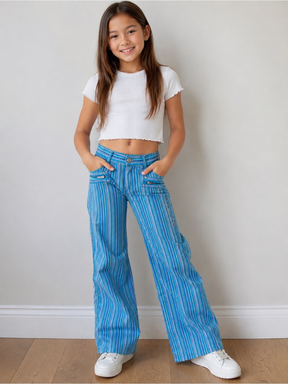 Kids’ Blue Stripe Cord Zip Front Pants